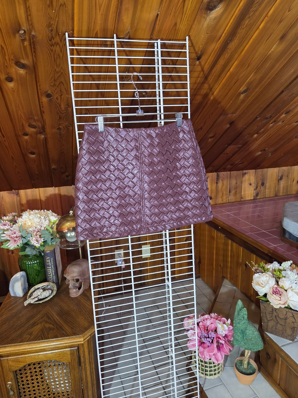 NWT Commense Woven Faux-Leather Mini Skirt in Wine
